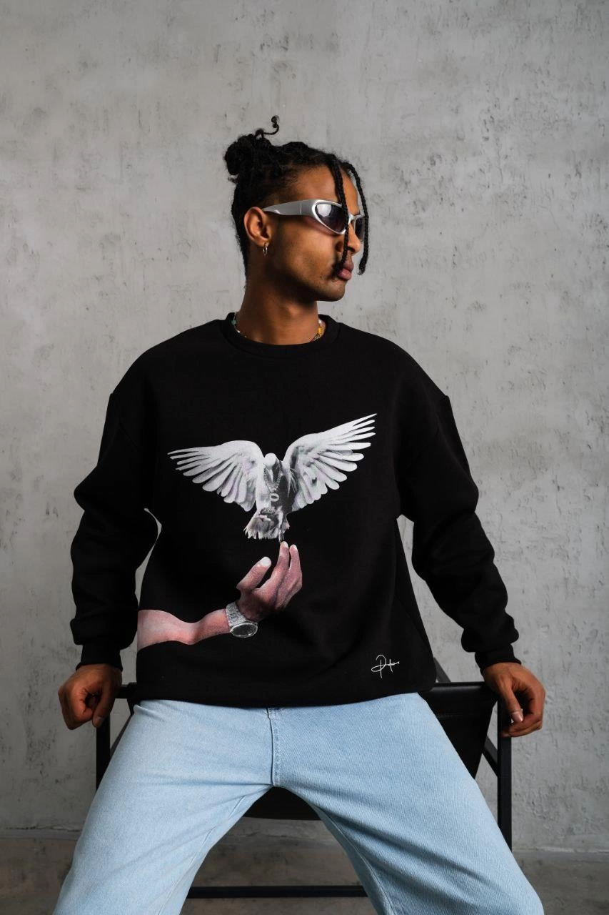Erkek Güvercin Baskılı 3 iplik Bisiklet Yaka ipamuklu Sweatshirt - Siyah