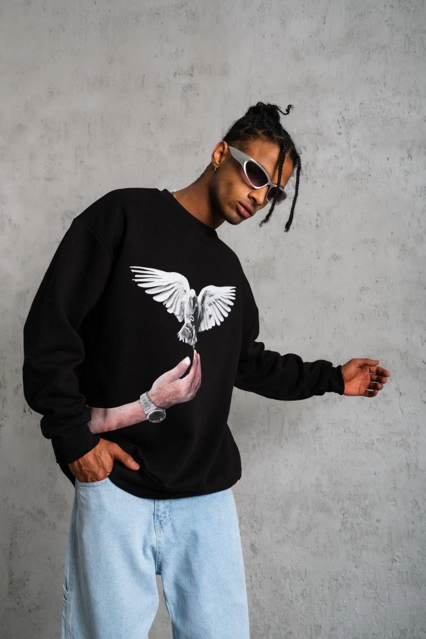 Erkek Güvercin Baskılı 3 iplik Bisiklet Yaka ipamuklu Sweatshirt - Siyah
