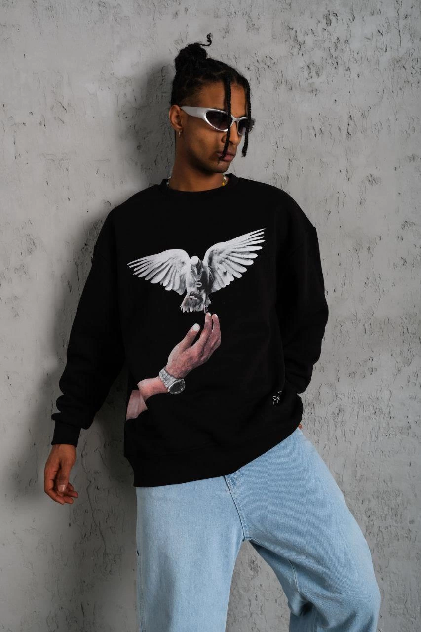 Erkek Güvercin Baskılı 3 iplik Bisiklet Yaka ipamuklu Sweatshirt - Siyah