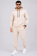 Erkek İki İplik Kapüşonlu Kanguru Cepli Sweatshirt Jogger Pantolon Alt Üst Eşofman Takımı -Bej