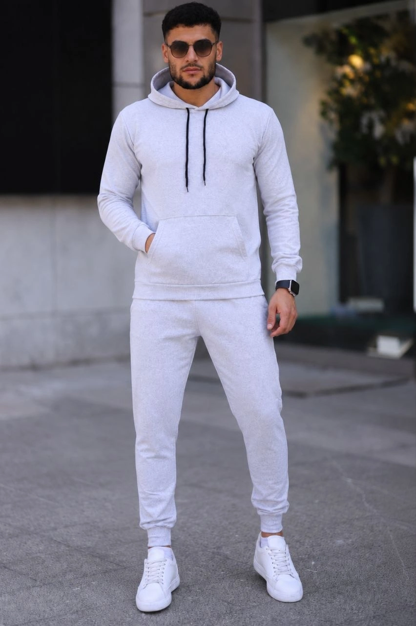 Erkek İki İplik Kapüşonlu Kanguru Cepli Sweatshirt Jogger Pantolon Alt Üst Eşofman Takımı - Gri