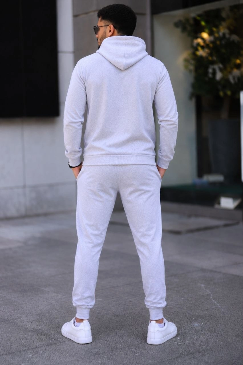 Erkek İki İplik Kapüşonlu Kanguru Cepli Sweatshirt Jogger Pantolon Alt Üst Eşofman Takımı - Gri