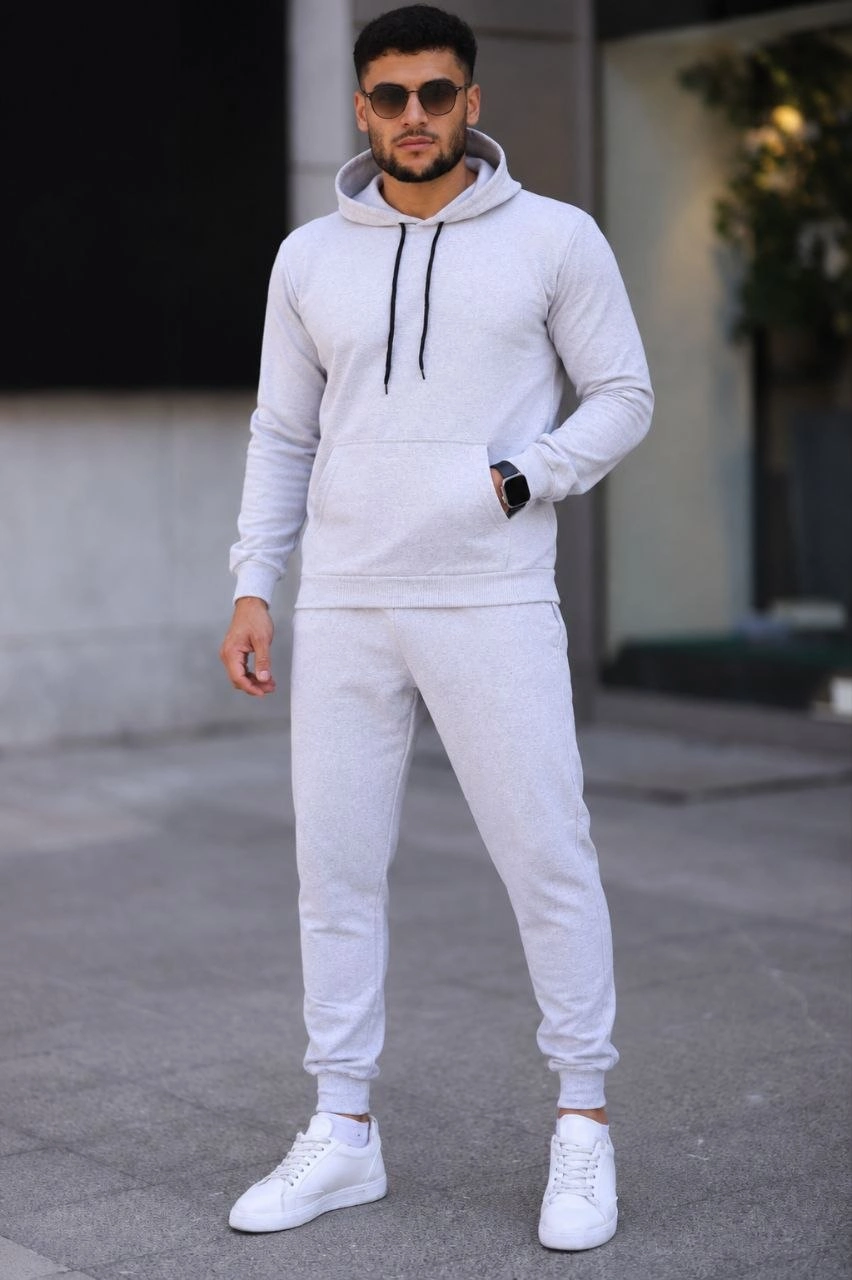 Erkek İki İplik Kapüşonlu Kanguru Cepli Sweatshirt Jogger Pantolon Alt Üst Eşofman Takımı - Gri