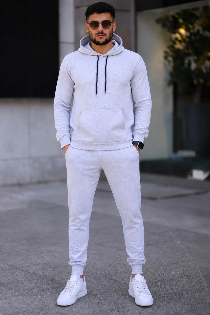 Erkek İki İplik Kapüşonlu Kanguru Cepli Sweatshirt Jogger Pantolon Alt Üst Eşofman Takımı - Gri