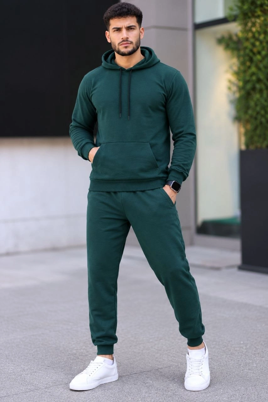 Erkek İki İplik Kapüşonlu Kanguru Cepli Sweatshirt Jogger Pantolon Alt Üst Eşofman Takımı -Nefti Yeşili