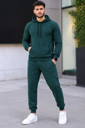 Erkek İki İplik Kapüşonlu Kanguru Cepli Sweatshirt Jogger Pantolon Alt Üst Eşofman Takımı -Nefti Yeşili