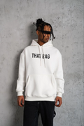 Erkek 3 İplik Pamuklu Kapüşonlu Baskılı Cepli Oversize Sweatshirt Hoodie - Beyaz