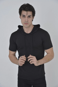 Kadın Kapüşonlu T-Shirt Kısa Kol Bisiklet Yaka Slimfit Tişört    - Siyah