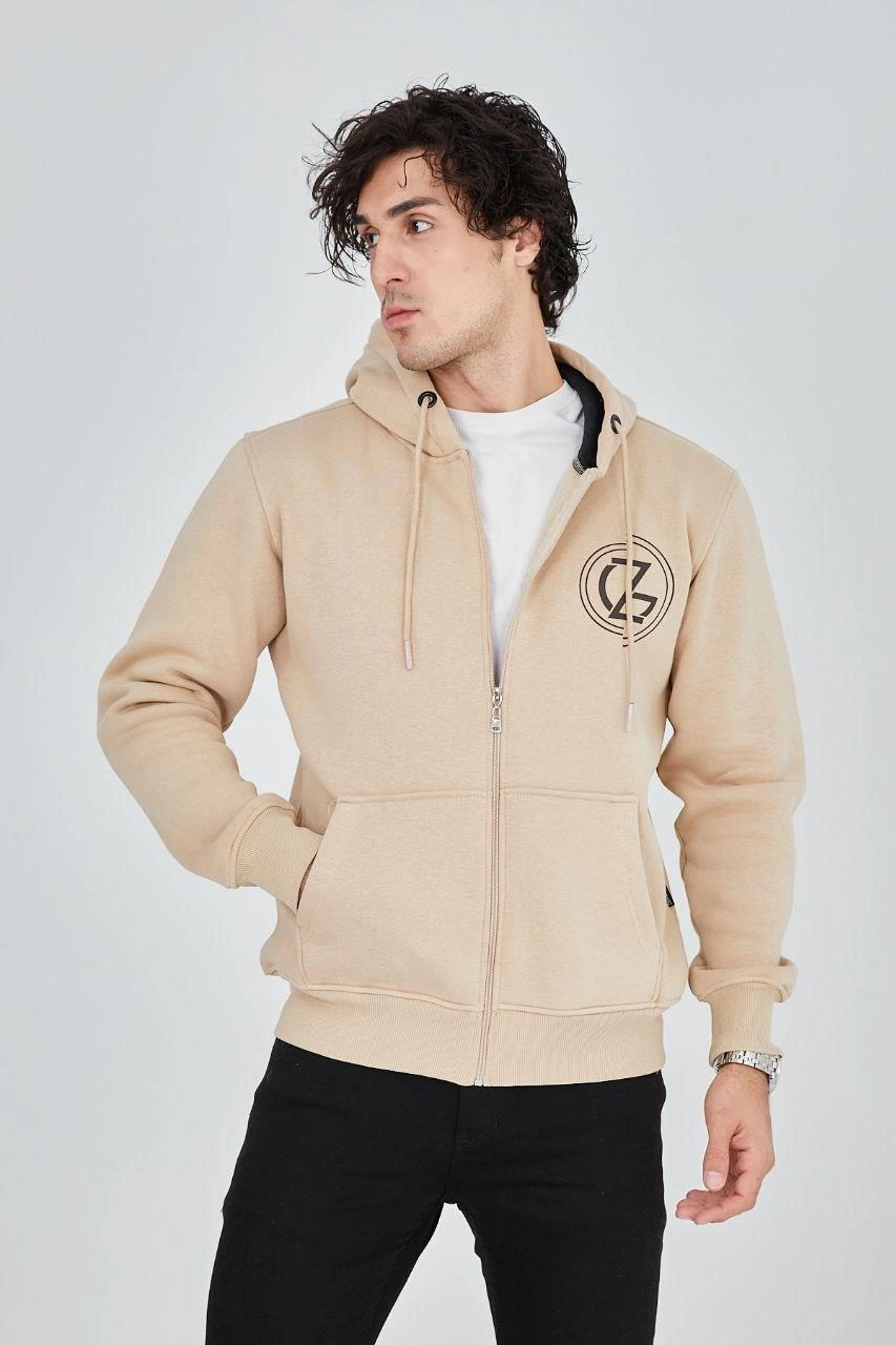 Erkek 3 İplik Pamuklu Fermuarlı Kapüşonlu Kanguru Cepli Baskılı Hoodie Hırka Sweatshirt - Bej