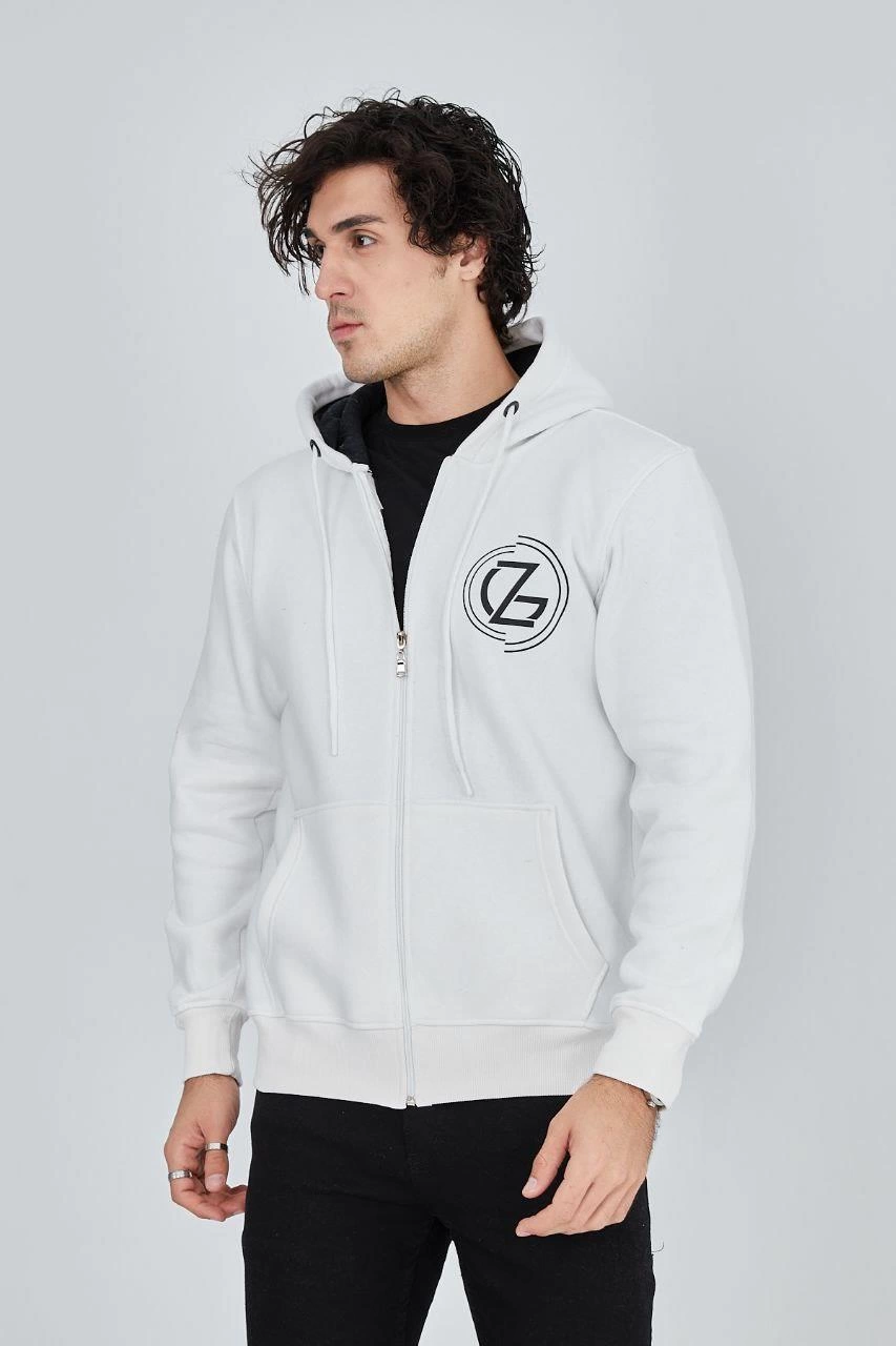 Erkek 3 İplik Pamuklu Fermuarlı Kapüşonlu Kanguru Cepli Baskılı Hoodie - Beyaz