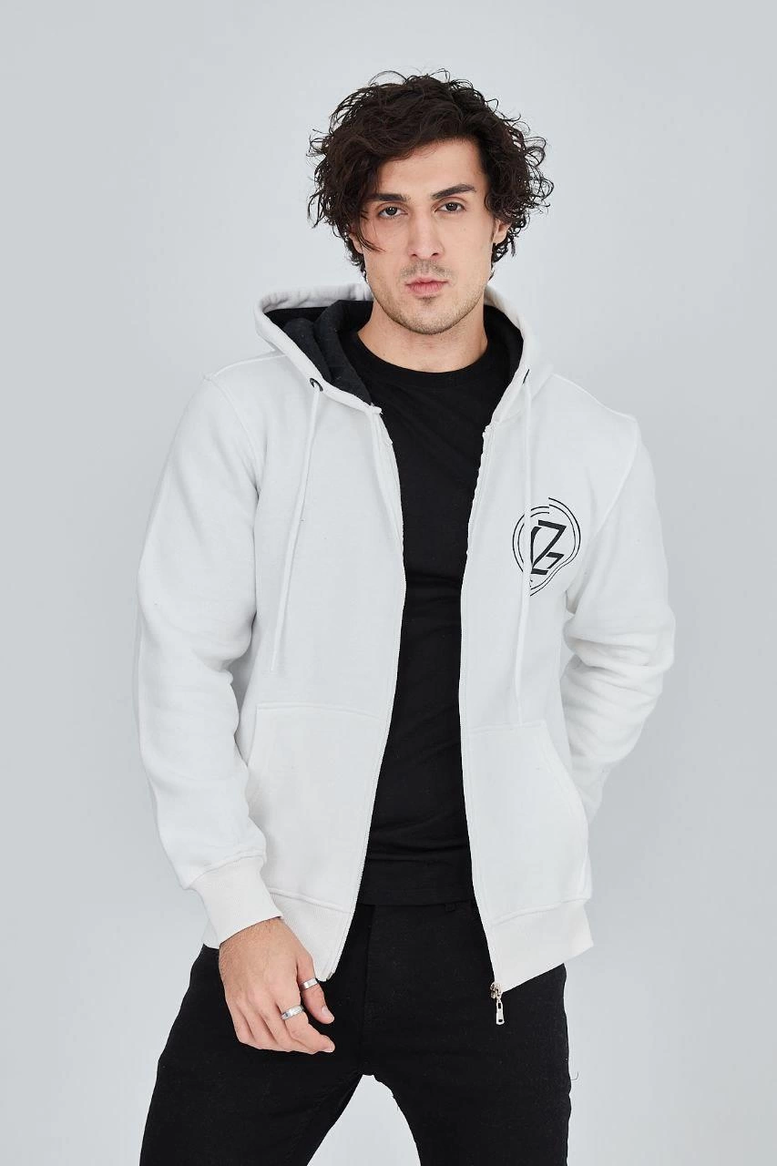 Erkek 3 İplik Pamuklu Fermuarlı Kapüşonlu Kanguru Cepli Baskılı Hoodie - Beyaz