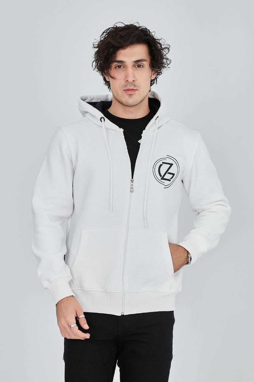 Erkek 3 İplik Pamuklu Fermuarlı Kapüşonlu Kanguru Cepli Baskılı Hoodie - Beyaz