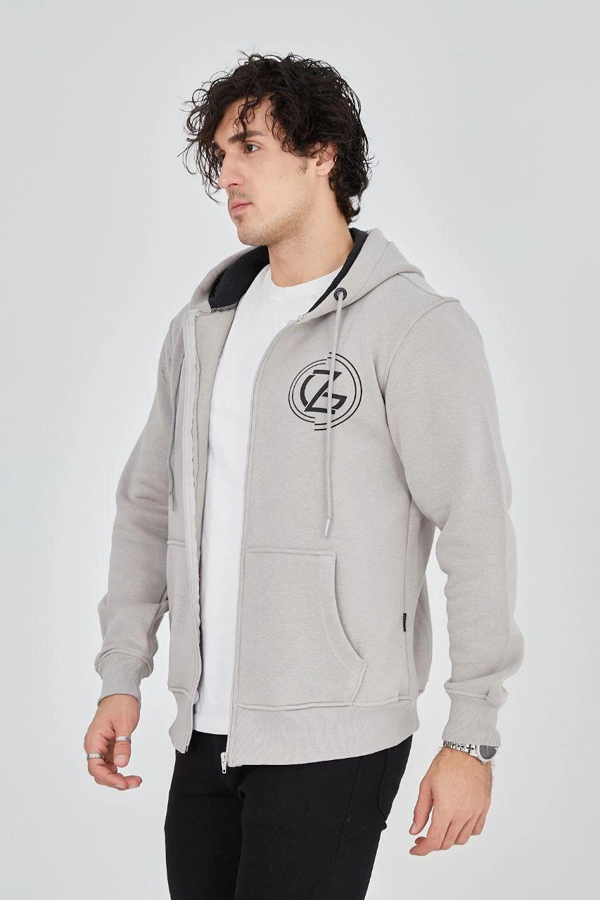 Erkek 3 İplik Pamuklu Fermuarlı Kapüşonlu Kanguru Cepli Hoodie - Boyalı Gri