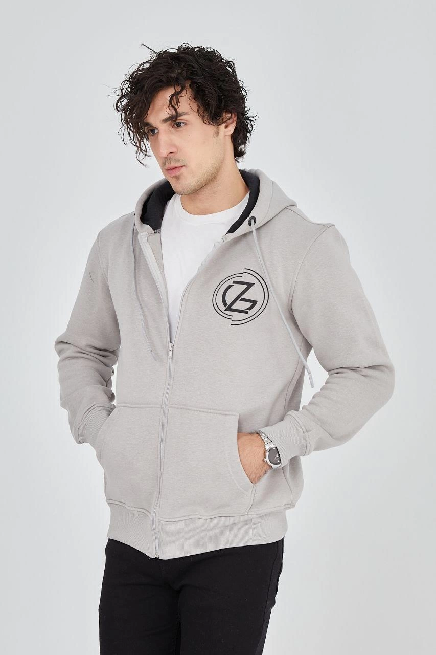 Erkek 3 İplik Pamuklu Fermuarlı Kapüşonlu Kanguru Cepli Hoodie - Boyalı Gri