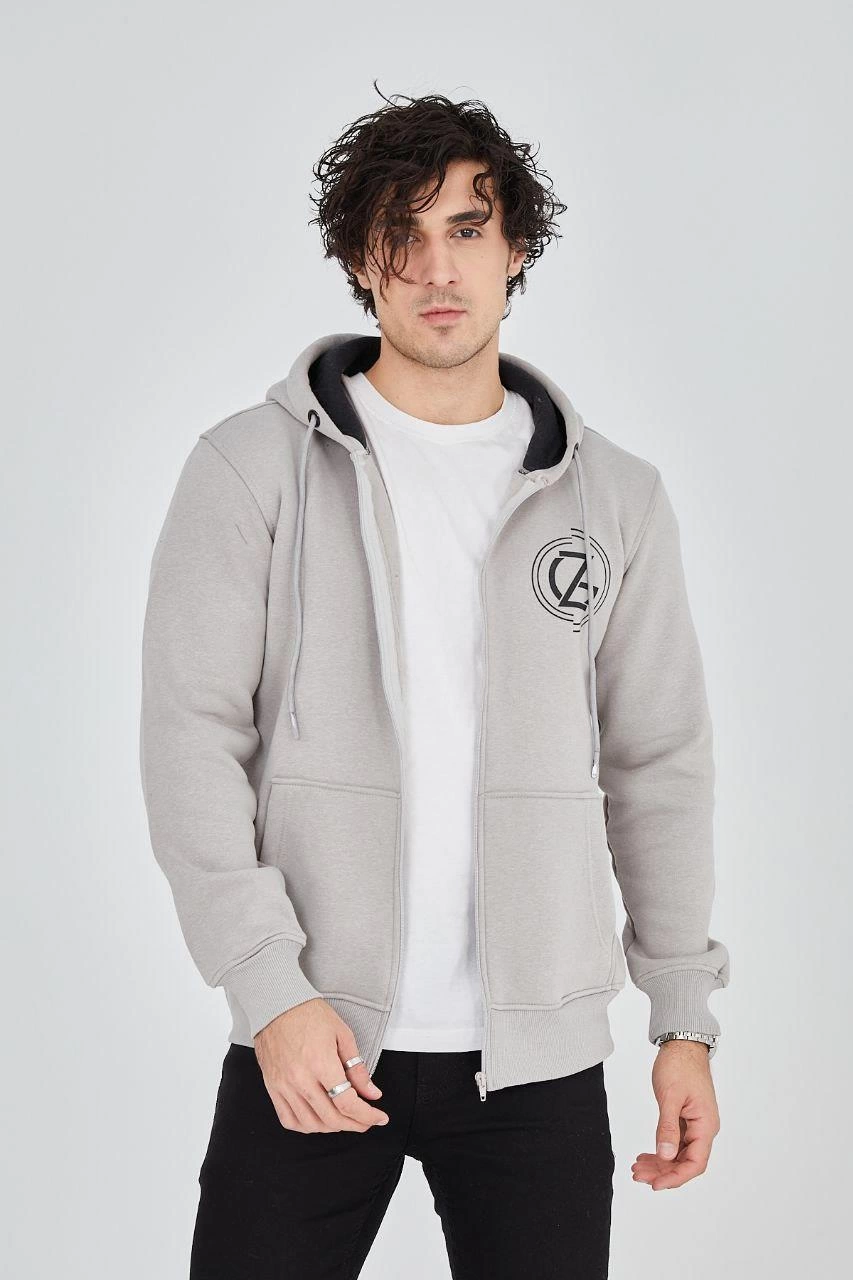 Erkek 3 İplik Pamuklu Fermuarlı Kapüşonlu Kanguru Cepli Hoodie - Boyalı Gri