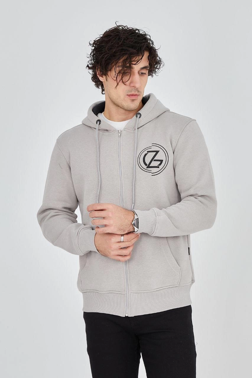 Erkek 3 İplik Pamuklu Fermuarlı Kapüşonlu Kanguru Cepli Hoodie - Boyalı Gri
