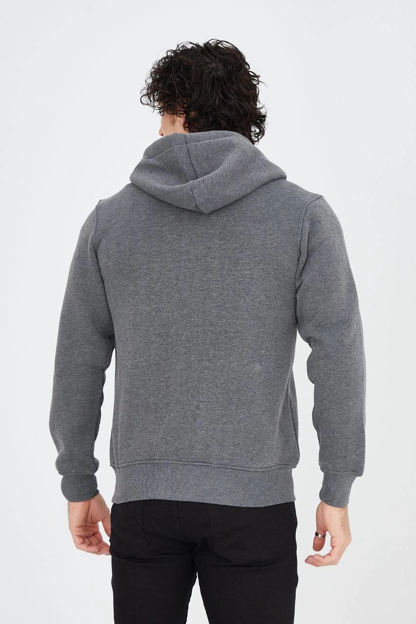 Erkek 3 İplik Pamuklu Fermuarlı Kapüşonlu Kanguru Cepli Baskılı Hoodie Hırka Sweatshirt - Füme
