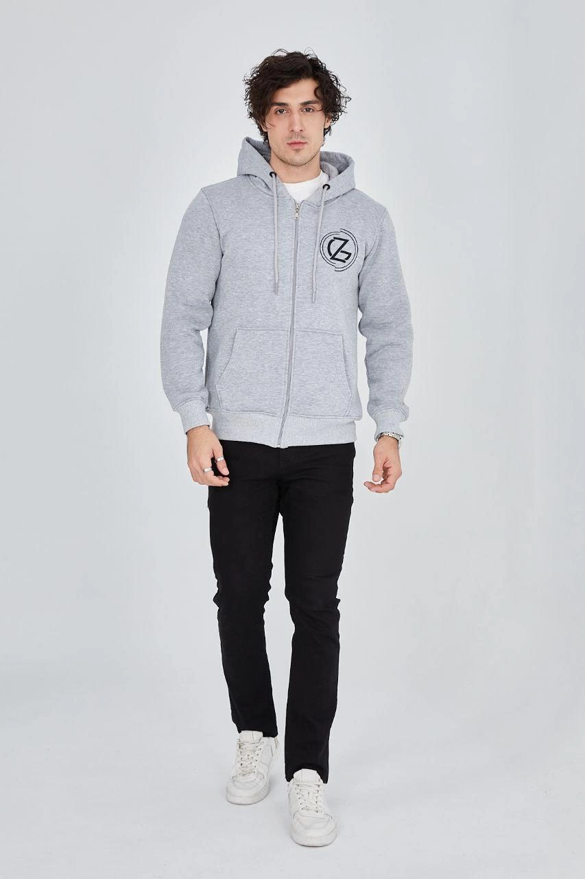 Erkek 3 İplik Pamuklu Fermuarlı Kapüşonlu Kanguru Cepli Baskılı Hoodie Hırka Sweatshirt -Gri