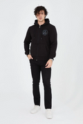 Erkek 3 İplik Pamuklu Fermuarlı Kapüşonlu Kanguru Cepli Baskılı Hoodie Hırka Sweatshirt - Siyah