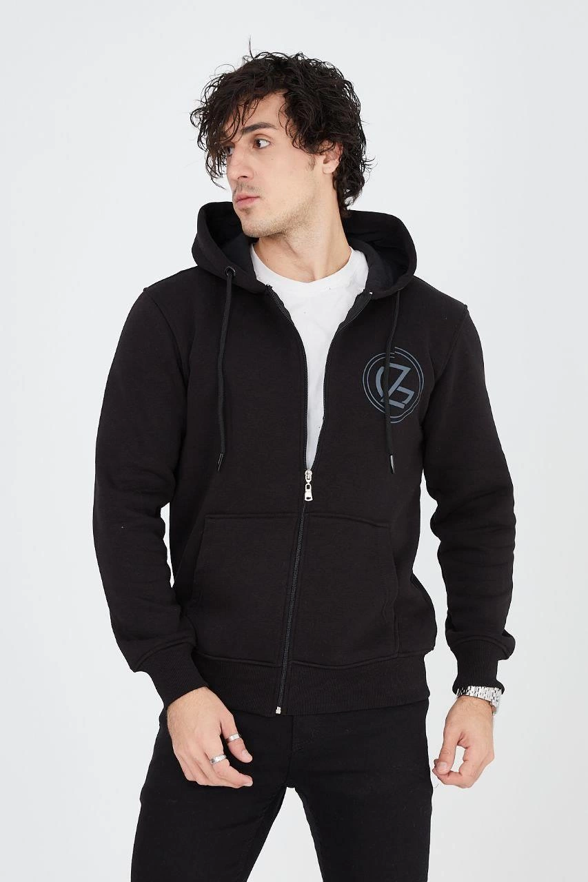 Erkek 3 İplik Pamuklu Fermuarlı Kapüşonlu Kanguru Cepli Baskılı Hoodie Hırka Sweatshirt - Siyah