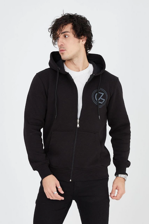 Erkek 3 İplik Pamuklu Fermuarlı Kapüşonlu Kanguru Cepli Baskılı Hoodie Hırka Sweatshirt - Siyah