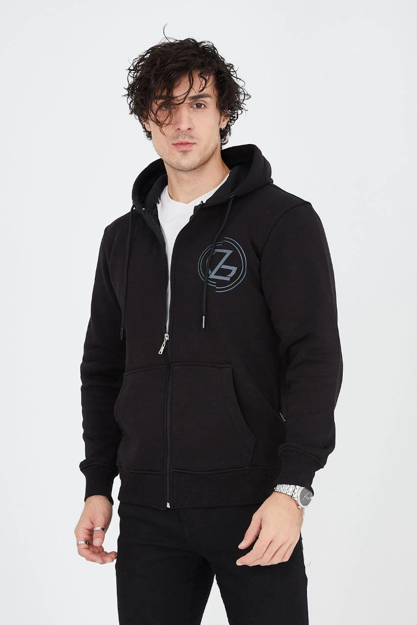 Erkek 3 İplik Pamuklu Fermuarlı Kapüşonlu Kanguru Cepli Baskılı Hoodie Hırka Sweatshirt - Siyah