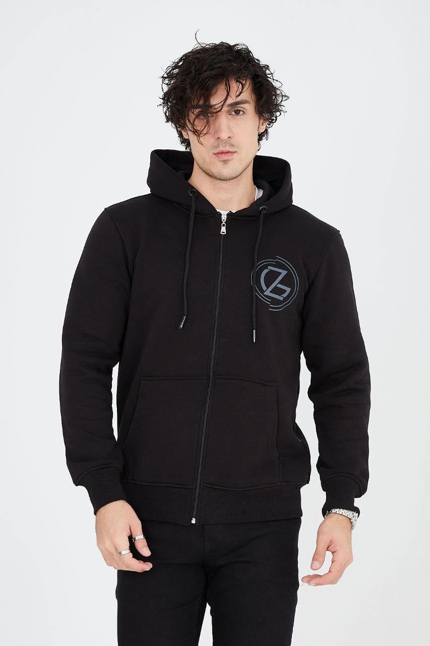 Erkek 3 İplik Pamuklu Fermuarlı Kapüşonlu Kanguru Cepli Baskılı Hoodie Hırka Sweatshirt - Siyah