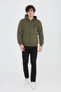 Erkek 3 İplik Pamuklu Fermuarlı Kapüşonlu Kanguru Cepli Baskılı Hoodie - Yeşil