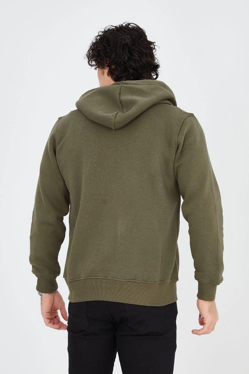 Erkek 3 İplik Pamuklu Fermuarlı Kapüşonlu Kanguru Cepli Baskılı Hoodie - Yeşil