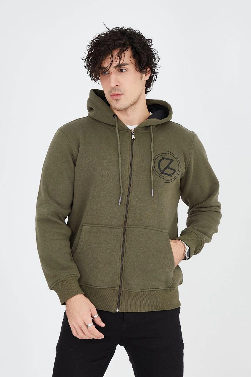 Erkek 3 İplik Pamuklu Fermuarlı Kapüşonlu Kanguru Cepli Baskılı Hoodie - Yeşil