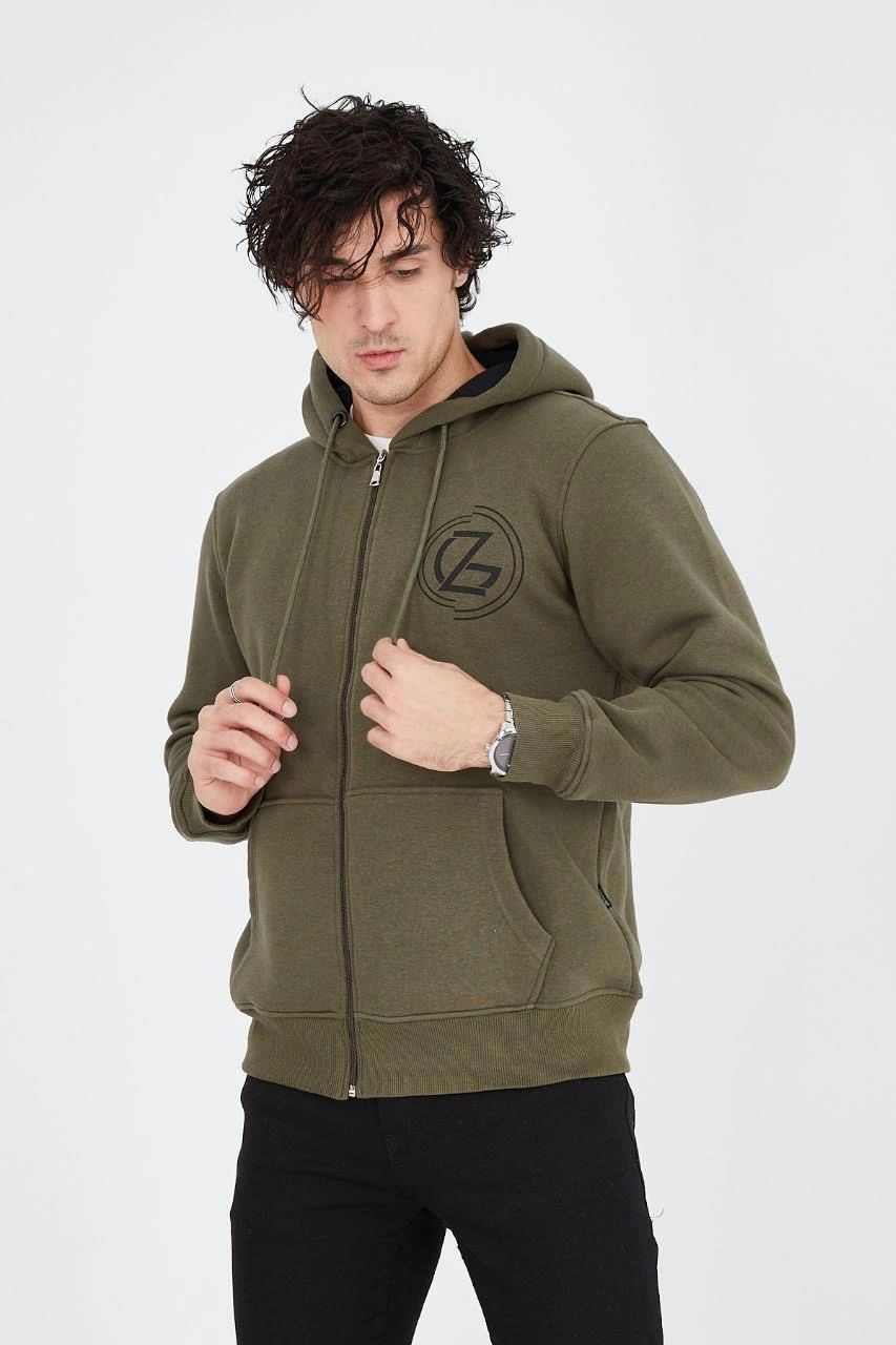 Erkek 3 İplik Pamuklu Fermuarlı Kapüşonlu Kanguru Cepli Baskılı Hoodie - Yeşil