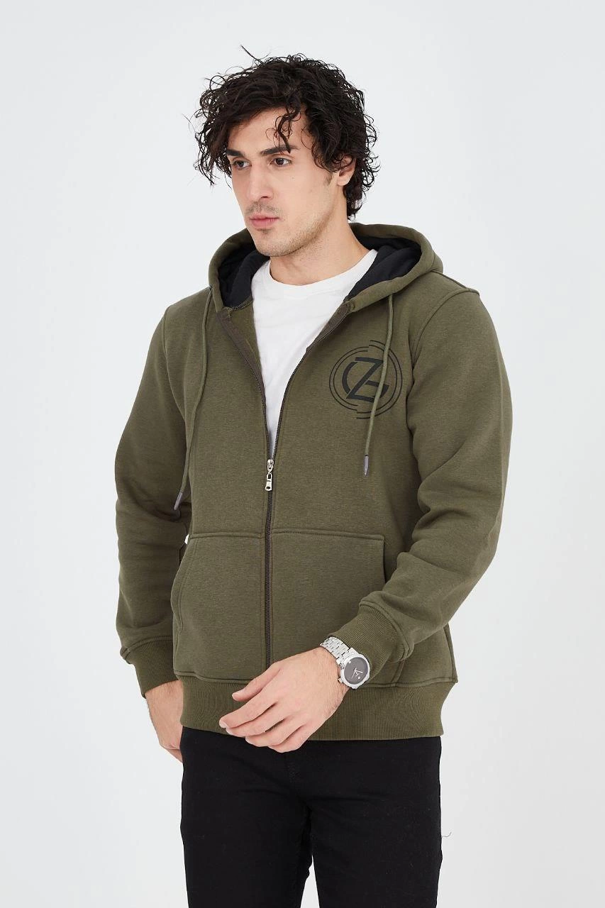Erkek 3 İplik Pamuklu Fermuarlı Kapüşonlu Kanguru Cepli Baskılı Hoodie - Yeşil