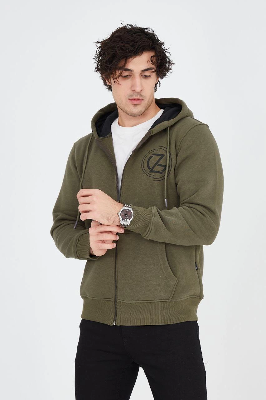 Erkek 3 İplik Pamuklu Fermuarlı Kapüşonlu Kanguru Cepli Baskılı Hoodie - Yeşil