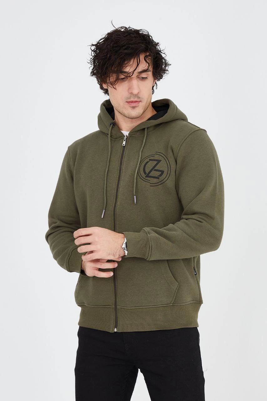 Erkek 3 İplik Pamuklu Fermuarlı Kapüşonlu Kanguru Cepli Baskılı Hoodie - Yeşil
