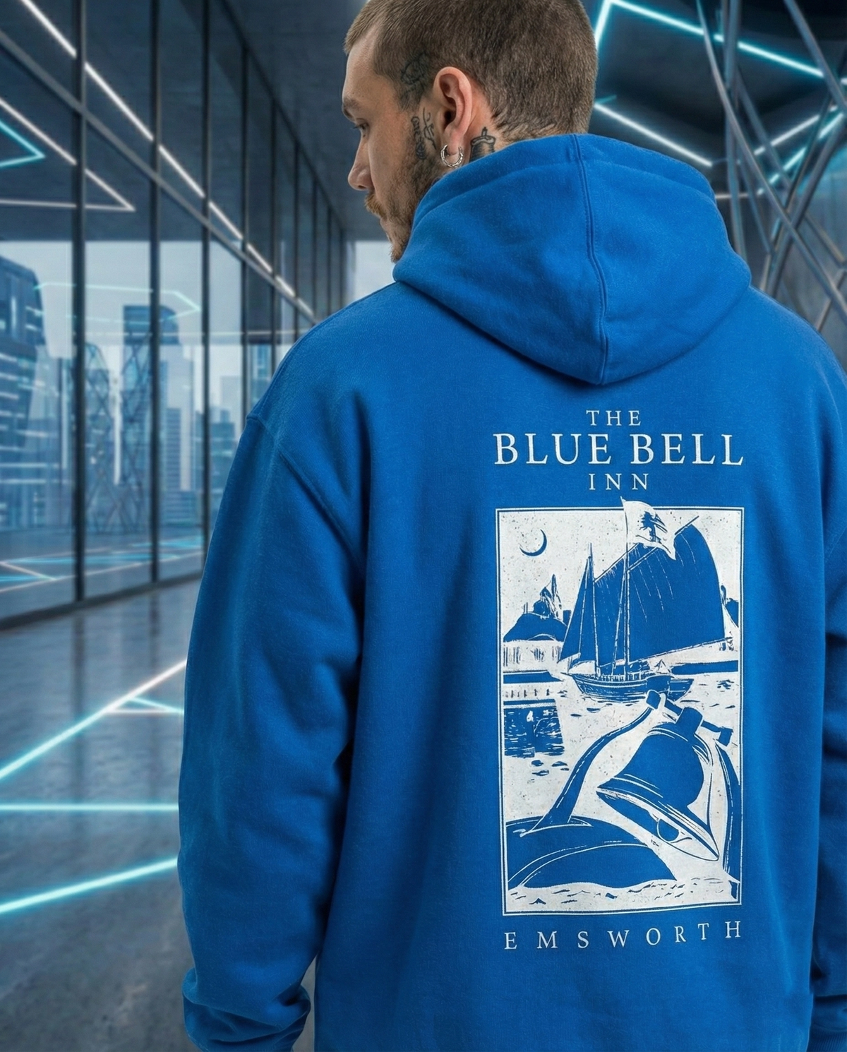 Erkek Baskılı Kapüşonlu Cepli Hoodie 3 İplik Pamuklu Sweatshirt - Saks Mavisii