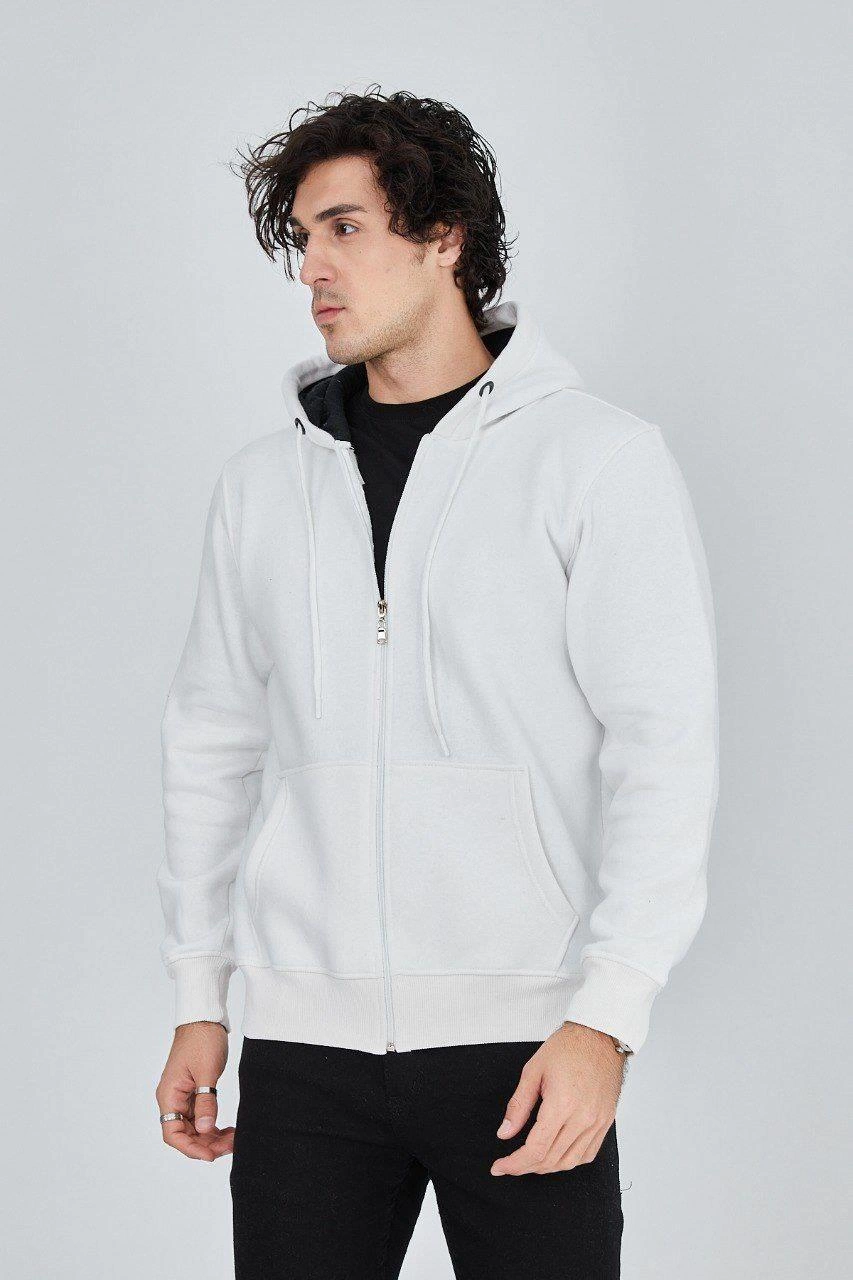 Erkek 3 İplik Pamuklu Fermuarlı Kapüşonlu Kanguru Cepli Hoodie Hırka Sweatshirt - Beyaz