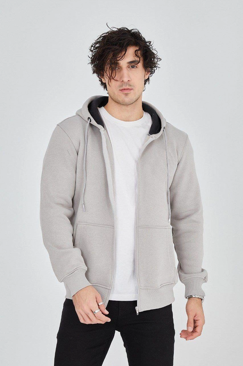 Erkek 3 İplik Pamuklu Fermuarlı Kapüşonlu Kanguru Cepli Hoodie Hırka Sweatshirt - Boyalı Gri