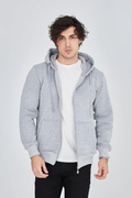 Erkek 3 İplik Pamuklu Fermuarlı Kapüşonlu Kanguru Cepli Hoodie Hırka Sweatshirt - Gri