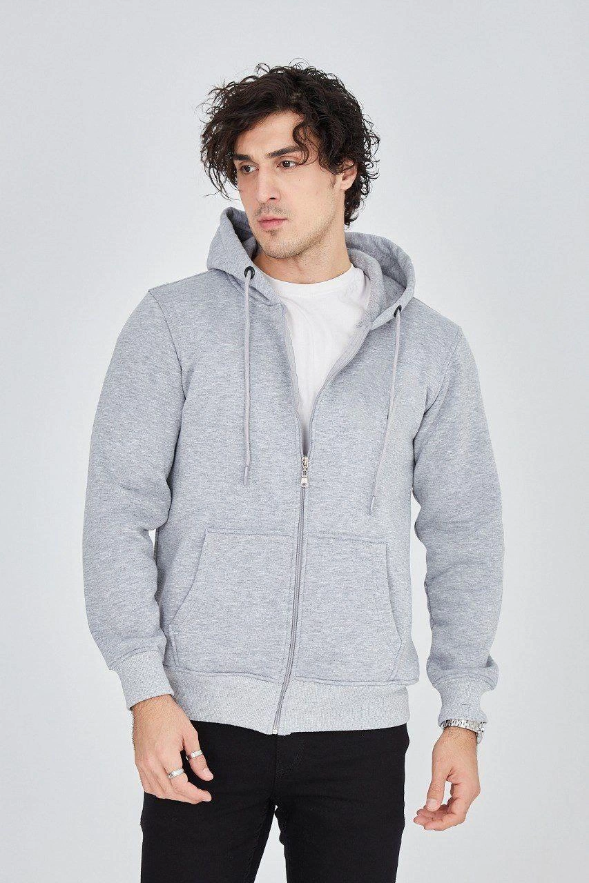Erkek 3 İplik Pamuklu Fermuarlı Kapüşonlu Kanguru Cepli Hoodie Hırka Sweatshirt - Gri