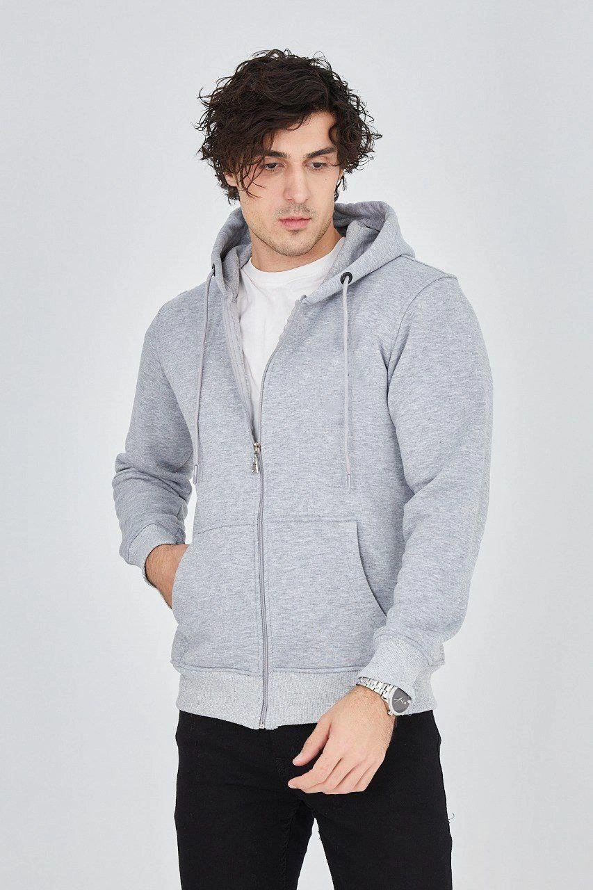 Erkek 3 İplik Pamuklu Fermuarlı Kapüşonlu Kanguru Cepli Hoodie Hırka Sweatshirt - Gri