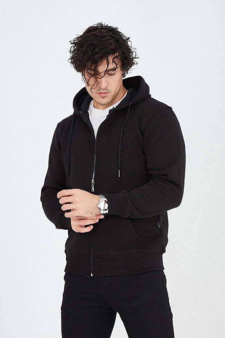 Erkek 3 İplik Pamuklu Fermuarlı Kapüşonlu Kanguru Cepli Hoodie Hırka Sweatshirt - Siyah