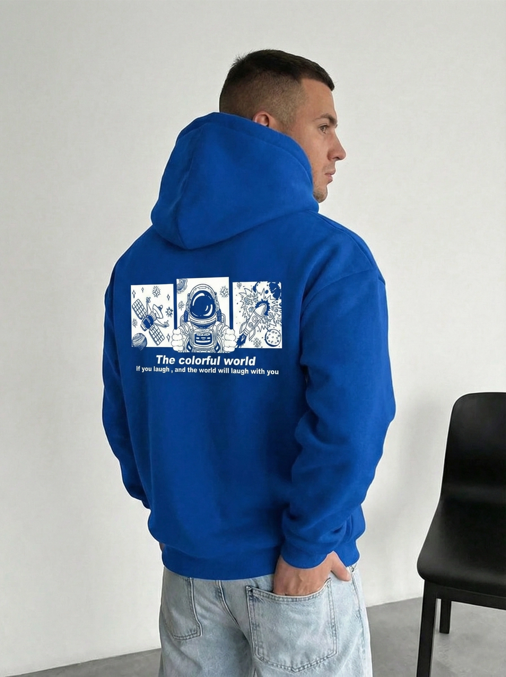 Erkek Baskılı Kapüşonlu Cepli Hoodie 3 İplik Pamuklu Sweatshirt - Saks Mavisi
