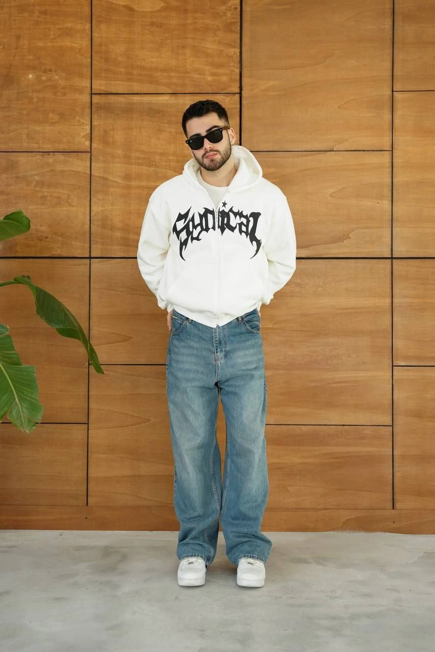 Erkek Kapüşonlu 3 İplik Şardonlu Önü Baskılı Fermuarlı Oversize Sweatshirt - Beyaz