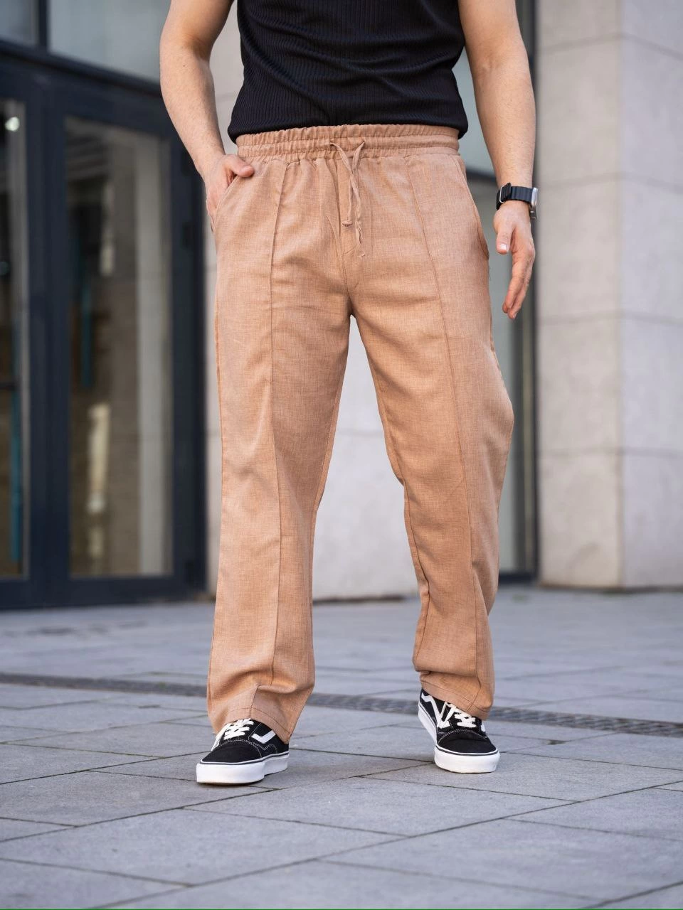 Erkek Keten Cepli Çıma Dikişli jogger Buggy Pantalon Rahat kalıp - Kahverengi