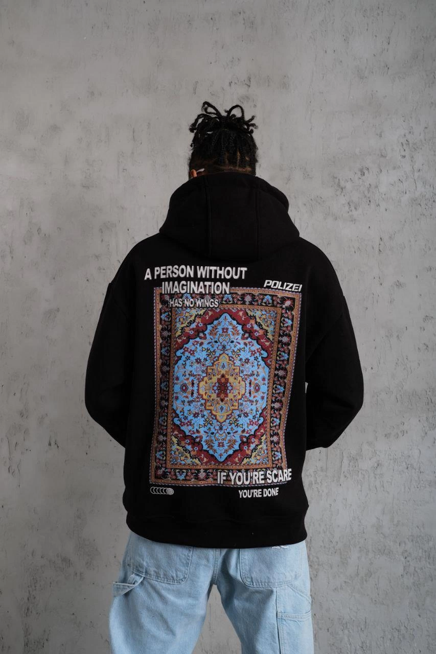 Erkek 3 İplik Pamuklu Kapüşonlu Baskılı Cepli Oversize Sweatshirt Hoodie - Siyah
