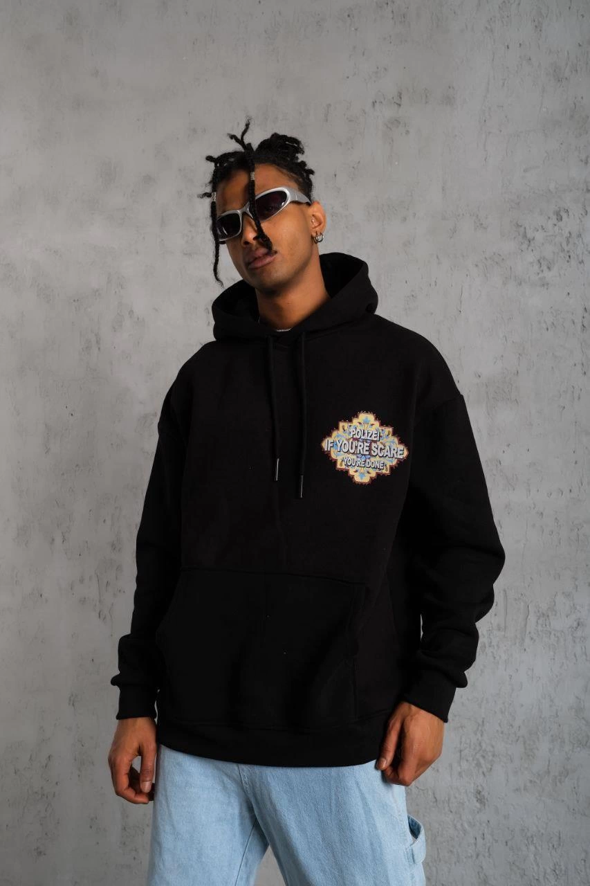 Erkek 3 İplik Pamuklu Kapüşonlu Baskılı Cepli Oversize Sweatshirt Hoodie - Siyah