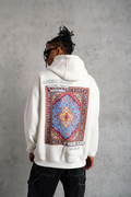 Erkek 3 İplik Pamuklu Kapüşonlu Baskılı Cepli Oversize Sweatshirt Hoodie - Beyaz