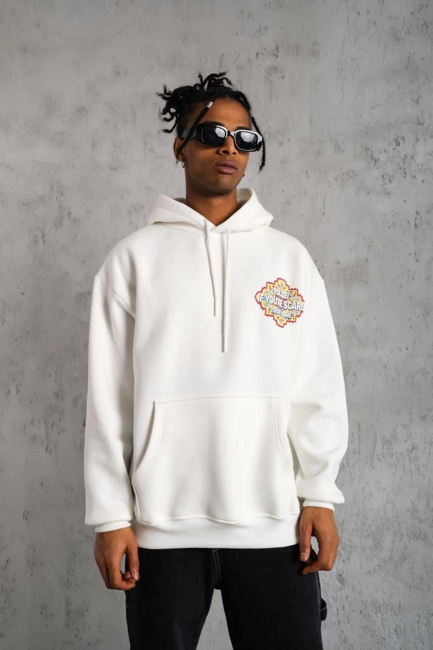 Erkek 3 İplik Pamuklu Kapüşonlu Baskılı Cepli Oversize Sweatshirt Hoodie - Beyaz