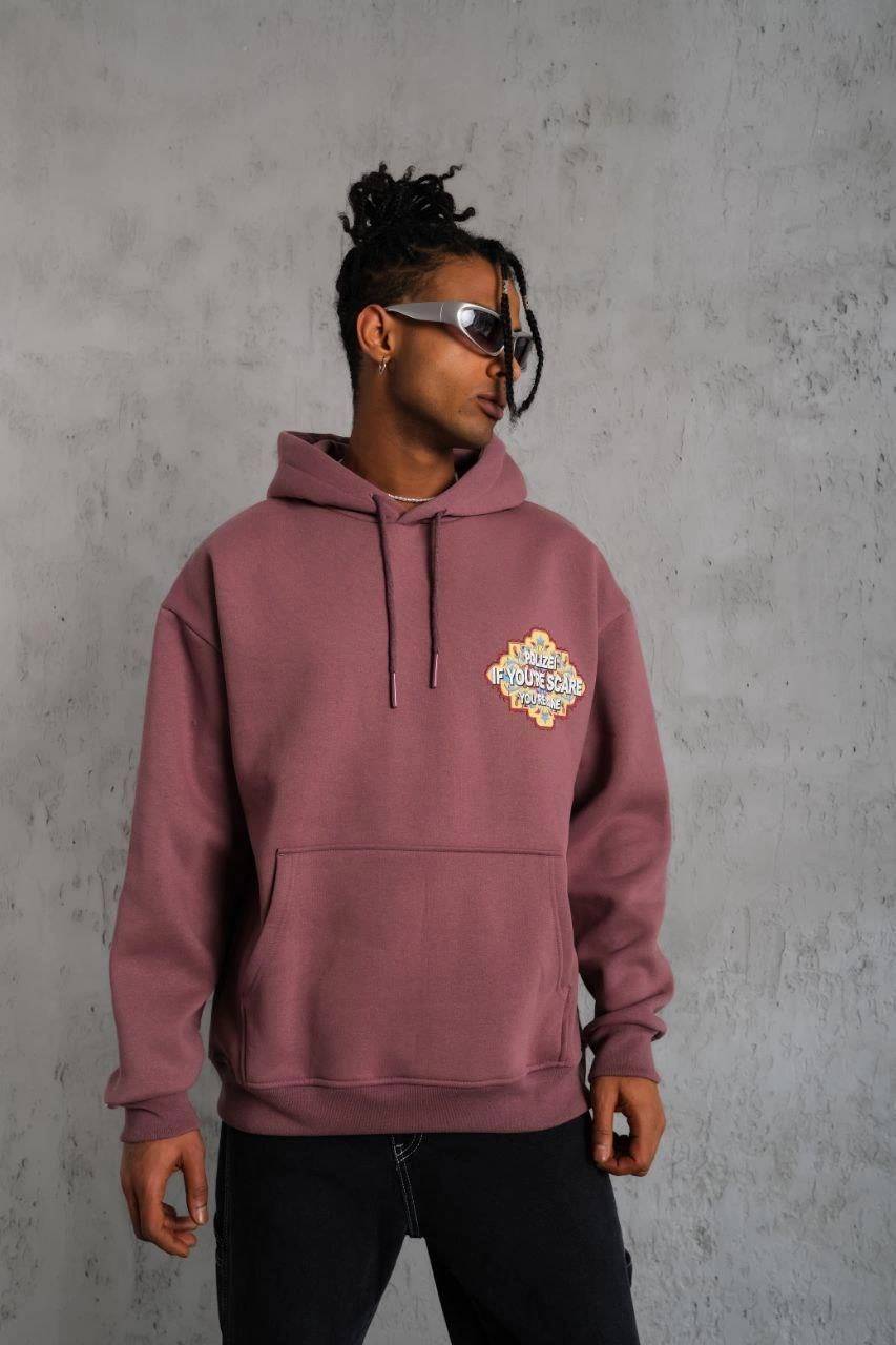 Erkek 3 İplik Pamuklu Kapüşonlu Baskılı Cepli Sweatshirt Hoodie - Gül Kurusu