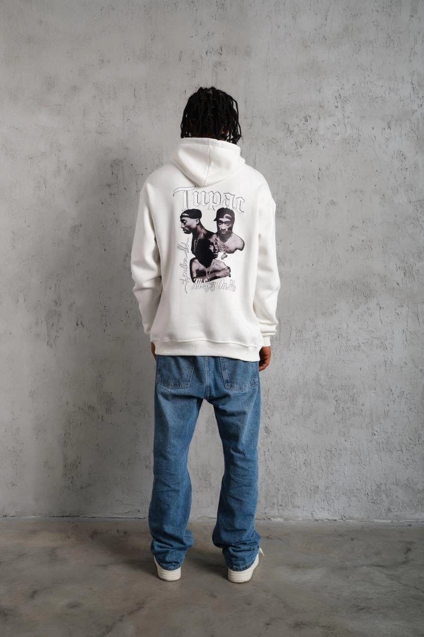 Erkek 3 İplik Pamuklu Kapüşonlu Baskılı Cepli Oversize Sweatshirt Hoodie - Beyaz